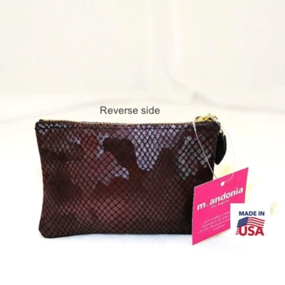m. andonia Genuine Leather Mini Bag Pouch Grey Pink Red Metallic Zip Leaf Pull - Picture 2 of 11